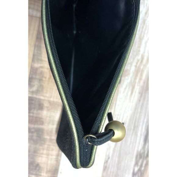 Black Faux Stingray Textured Zippered Clutch With Gold Accent Bead & Leather Pul - Picture 3 of 3